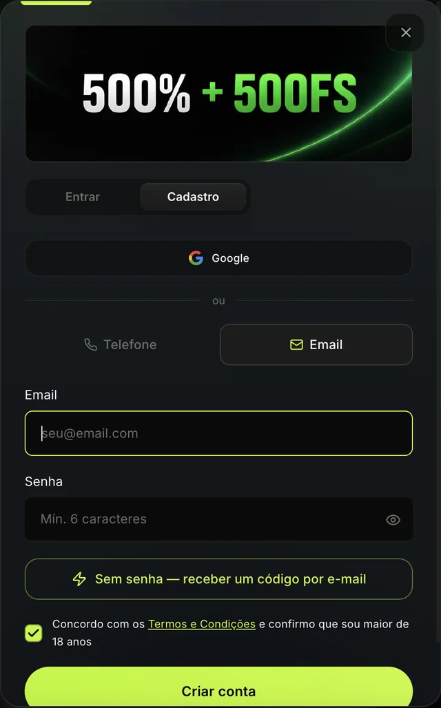 Janela de cadastro da Neymas com Google, telefone, e-mail e opção de código sem senha